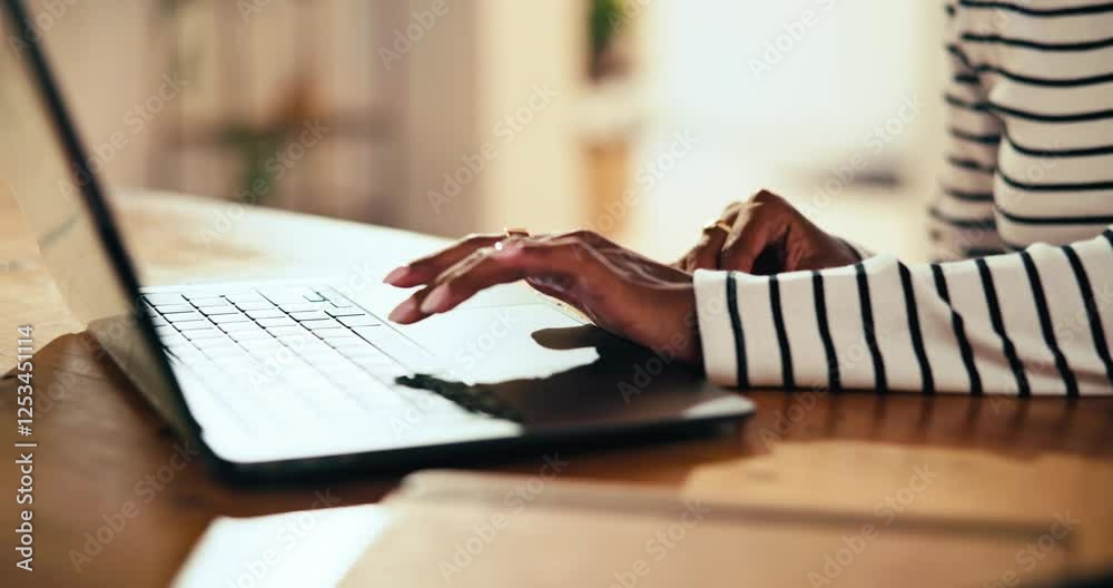 Poster remote work from home, hands and woman with laptop, internet and online order for client. closeup, f