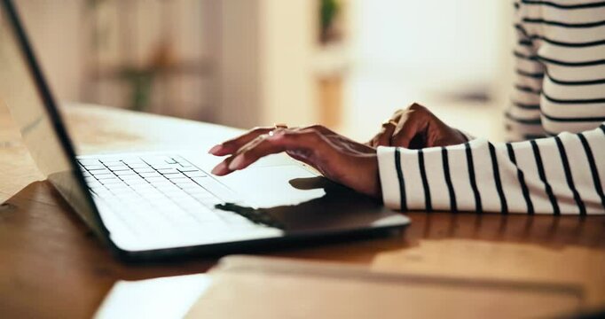 Remote work from home, hands and woman with laptop, internet and online order for client. Closeup, freelancer and entrepreneur at desk, pc and email notifications with website info or app for invoice