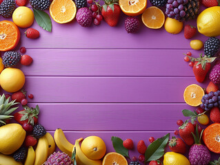 A vibrant array of juicy tropical fruit sprawls on the purple background, Tropical freshness and color. Generative Ai