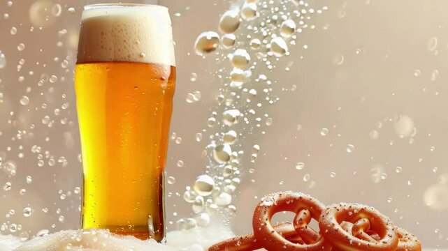 Tall glass of foamy beer with droplets and bubbles, accompanied by salted pretzels. AI