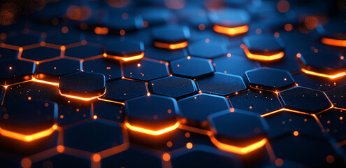 Obraz premium Abstract background with glowing hexagons in dark colors, hexagon, pattern, design, 3d, illustration, 