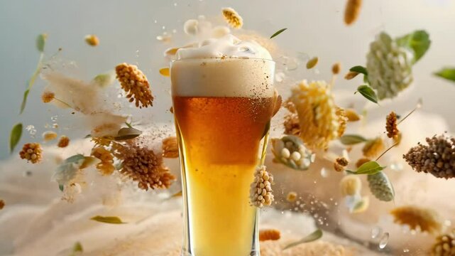 Realistic illustration of a beer glass with foam, surrounded by hops, barley, and plants, emphasizing brewing elements. AI