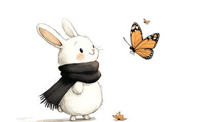 Fototapeta premium Cute rabbit encountering butterfly in nature whimsical illustration playful vibe