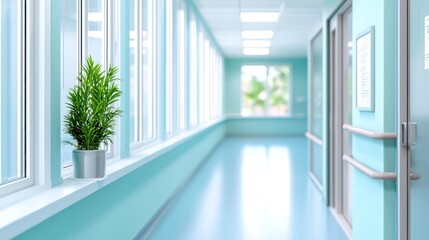 Fototapeta premium Hospital Corridor With Light Blue Walls And Windows