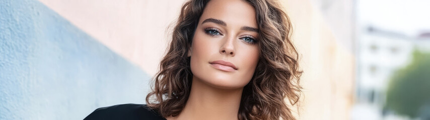 Fototapeta premium Woman with curly hair poses confidently in urban setting during daylight hours