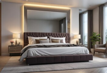 Luxurious bedroom with a plush king-size bed and an oversized mirror above it, modern, refined, elegant