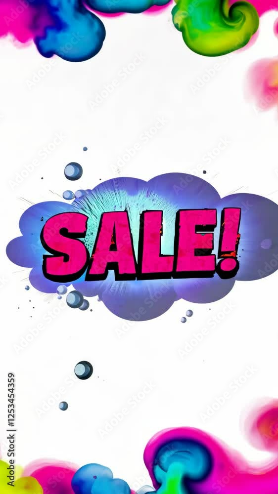 Poster a colorful explosion with the word sale written in pink. the explosion is made up of many small bubb