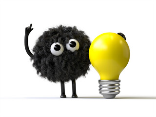 Fluffy, cute monster with a lightbulb, symbolizing ideas and innovation. 3D rendering, conceptual image. Isolated on white background.