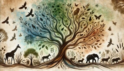 A stylized tree transforms into silhouettes of various animals and plants symbolizing the interconnectedness and diversity of life on Earth.