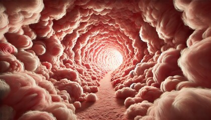 A tunnel of fluffy pink cotton candy softly lit with sugary textures creating a whimsical atmosphere.