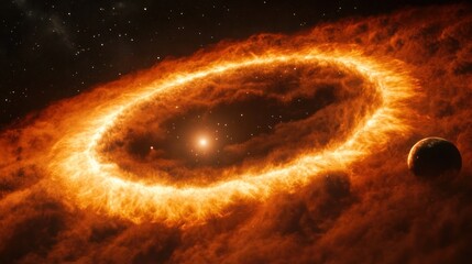 Fiery ringed celestial body in outer space with a planet.