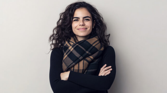 Woman with curly hair wearing a scarf poses confidently against a neutral background