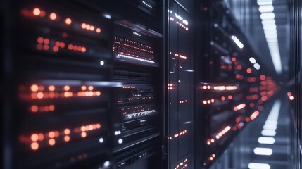 Obraz premium Server Room Data Center with Blinking Lights and Network Connectivity