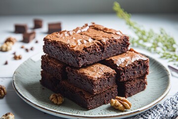 Stacked brownies on plate with walnuts and chocolate chunks on white table