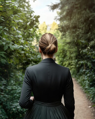 Woman walking along forest path surrounded by lush greenery in soft afternoon light