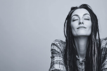 Smiling woman with dreadlocks enjoying a moment of tranquility indoors