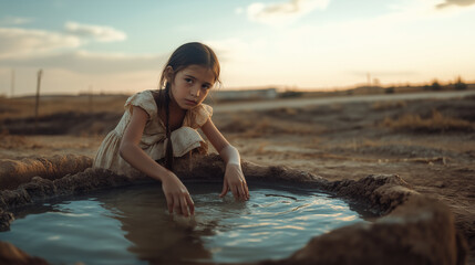 Fototapeta premium A somber photo features a young girl sitting near a small pool of water in a dry landscape. She is touching the water, looking thoughtfully into the distance.