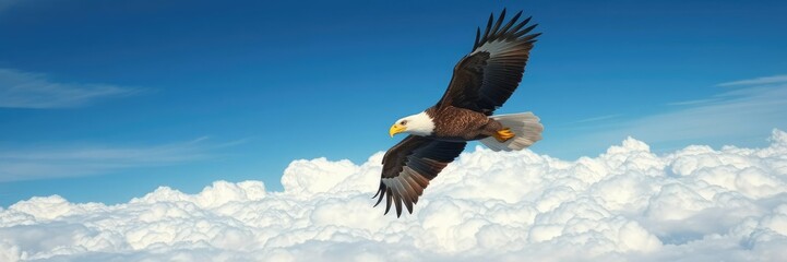 Obraz premium Majestic eagle soaring gracefully through the sky above fluffy clouds, beauty, horizontal