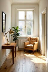 Fototapeta premium Sunlit interior scene featuring a comfortable armchair and a desk lamp beside a small wooden table in a sunlit room with hardwood floors and a large window