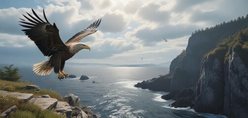 Majestic white tailed eagle soaring above the rugged coastline of Notuske Peninsula in Hokkaido, rugged coastline, bird, predator