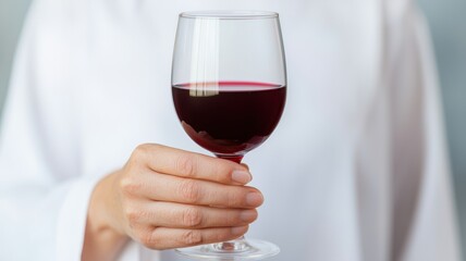 A hand holds a glass of red wine, showcasing its rich color against a neutral background, symbolizing relaxation and enjoyment.