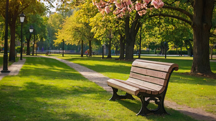 Fototapeta premium A wooden park bench with ornate metal legs sits on a grassy area beside a paved path, shaded by trees with green leaves and some pink blossoms.