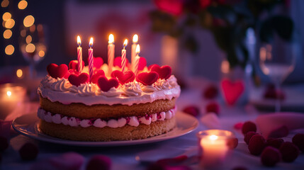 Romantic birthday ambiance with cake, candles, and love-themed decor, lovers sharing a peaceful moment-1
