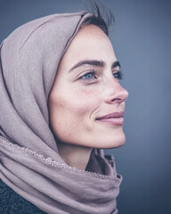 Fototapeta premium Portrait of a woman with a scarf against a neutral backdrop showcasing natural beauty and grace