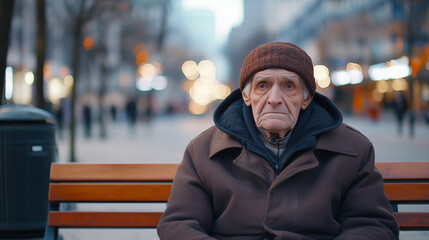 A somber elderly man in a winter coat and knit hat sits on a park bench