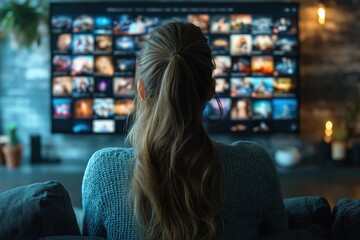 Woman watching a wall of streaming content on multiple screens, digital entertainment and technology