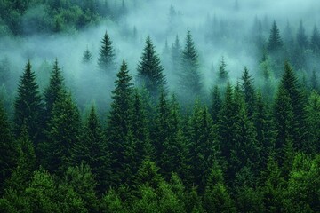 Fototapeta premium Misty evergreen forest canopy