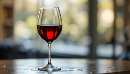 glass of red wine on wooden table with cafe outdoor blurred background