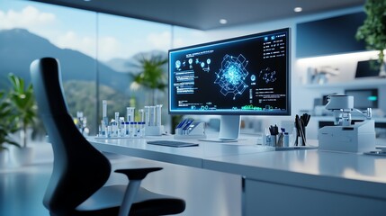 Ultramodern lab with a digital periodic table hologram floating above a sleek workstation