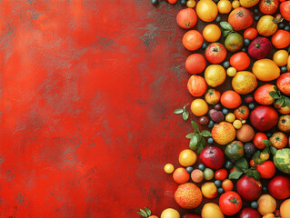 A vibrant array of juicy tropical fruit sprawls on the red background, Tropical freshness and color. Generative Ai