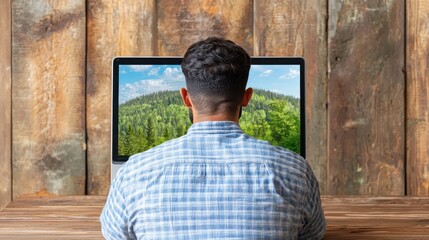 Obraz premium Career Advice style. Man working on a computer with a natural landscape on the screen.