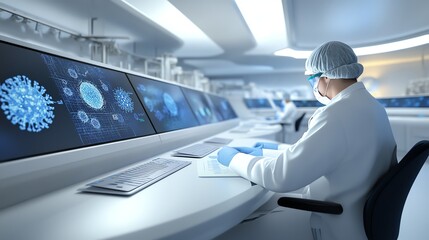 Ultramodern vaccine research facility with a scientist studying virus mutations using an interactive holographic display
