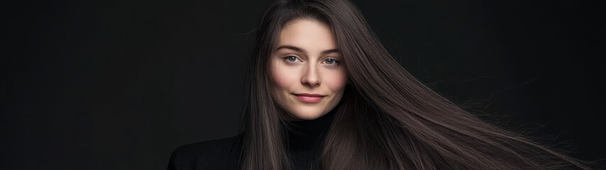 Fototapeta premium Portrait of a woman with long hair against a dark background showcasing confidence and beauty