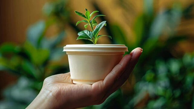 A single hand holds a compostable food container, emphasizing eco-friendly choices for climate reduction. Bright and clear background.