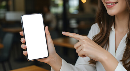 Mockup image of a beautiful woman pointing finger at a mobile phone with blank white screen

