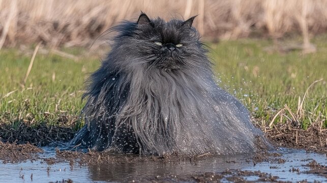 Fluffy gray cat in a muddy puddle, fur wet and splashy, outdoors in a field.