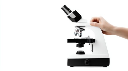 a hand holding a glass slide under a microscope, scientific precision and analysis, photorealistic, isolated on white background