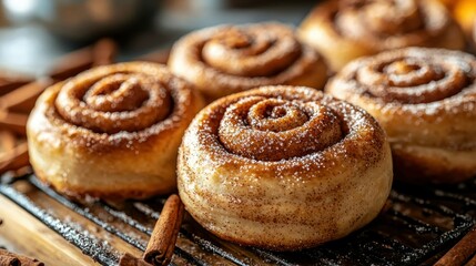 Sweet cinnamon rolls, kitchen setting, baking, powdered sugar