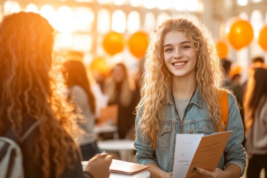 A college internship fair with students networking and collecting company brochures