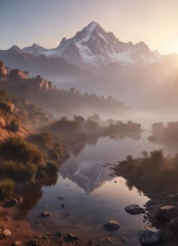 Misty sunrise over Aconcagua Laguna de Horcones, mist, Andes mountains