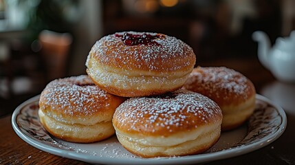 Sweet jelly donuts, powdered sugar, home kitchen