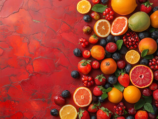 A vibrant array of juicy tropical fruit sprawls on the red background, Tropical freshness and color. Generative Ai