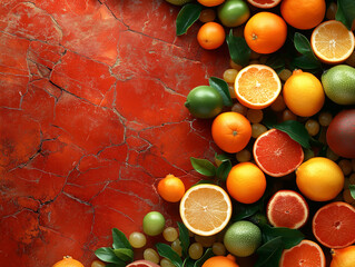 A vibrant array of juicy tropical fruit sprawls on the red background, Tropical freshness and color. Generative Ai