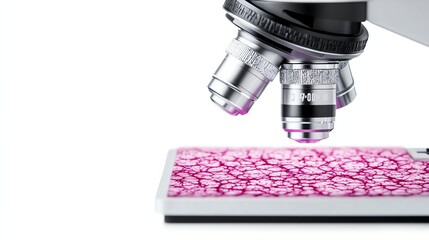 a microscope analyzing a tissue biopsy, early disease diagnosis, photorealistic, isolated on white background