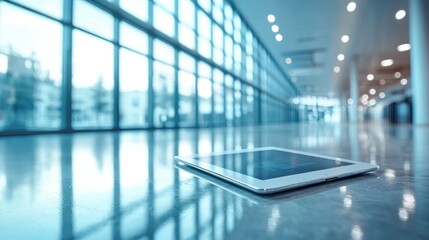 Tablet on lobby floor, modern building background, business, tech