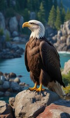Fototapeta premium A stunning portrait of a bald eagle perched on a rocky outcropping overlooking the pristine waters of Kachemak Bay, nature, water, majestic